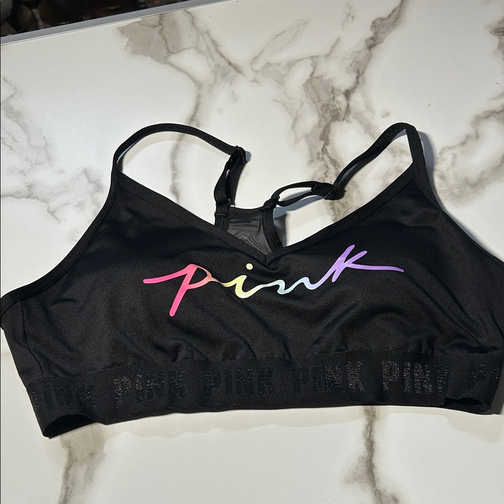 PINK Victoria's Secret Black Sports Bra with Multicolor Logo